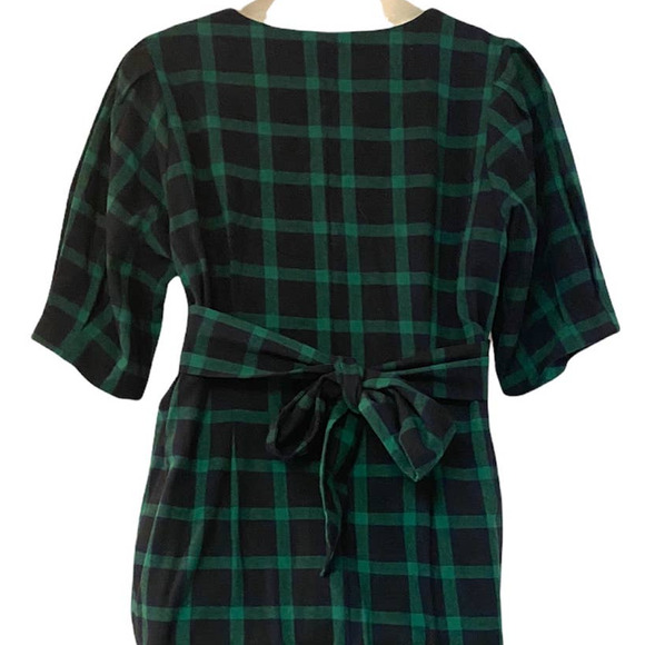 Eloquii Cotton Flannel Green Navy Plaid Tie Back Office Casual Fall Winter Dress - Picture 10 of 16